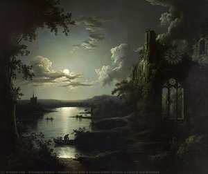Moonlit Lake With A Ruined Gothic Church, A Church And Boatmen — Sebastian Pether