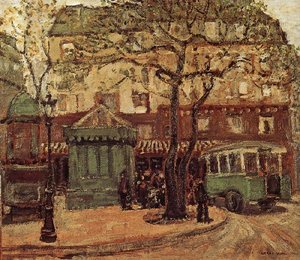 Greenish Bus In Street Of Paris — Grant Wood