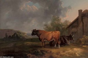 Cattle In A Landscape By A Cottage, With Ruins Beyond — Sawrey Gilpin