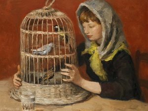 Young Woman And The Cage With Birds — Marcel Dyf