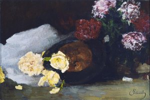Still Life With Tea Roses, Peonies And Opera Hat — Carl Eduard Schuch, Impressionism