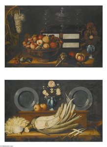 Still Life With A Lacquered Chest, A Bowl Of Assorted Fruit, A Vase Of Flowers, And An Artichoke And A Pomegranate On The Ledge Beneath Still Life With A Cardoon On A Shelf, With Two Pewter Plates And A Vase Of Flowers On Display On The Shelf Above — Bernardo Polo
