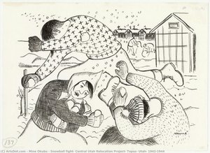 Snowball Fight, Central Utah Relocation Project, Topaz, Utah, 1942-1944 — Miné Okubo