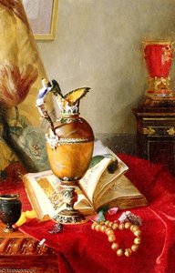 A Still Life With Urns And Illuminated Manuscript On A Draped Table