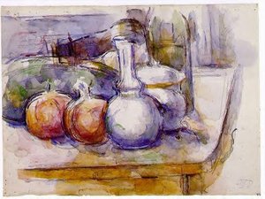 Still Life With Carafe, Sugar Bowl, Bottle, Pommegranates And Watermelon — Paul Cézanne, Post-impressionism