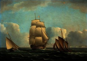 A man-o'war off the north foreland with a convoy astern