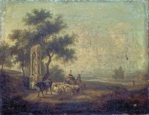 PAYSAGE, BERGERE SUR UN ANE