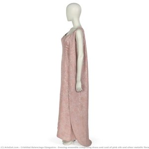 Evening Ensemble Comprising Dress And Coat Of Pink Silk And Silver Metallic Floral Brocade — Cristóbal Balenciaga Eizaguirre