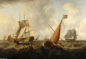 Dutch And British Men O' War Off The Coast, Dutch Boat In The Foreground — Charles Martin Powell