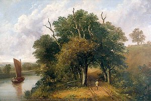 Landscape with a Tree Lined Road, a River and a Barge