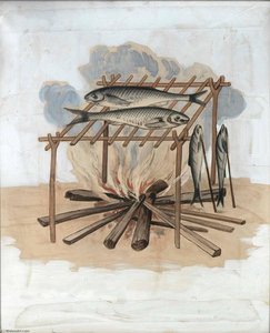The Broyling of Their Fish over the Flame of Fier