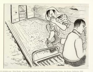Mine And Toku Sweep The Stall, Tanforan Assembly Center, San Bruno, California, 1942 — Miné Okubo