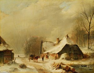 Winter Landscape With Horse And Carriage In Front Of A Snowy Farm — Andreas Schelfhout