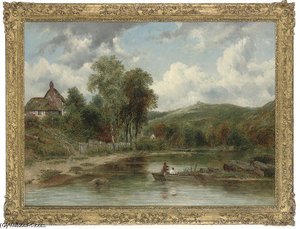 Wooded Landscape With Figures In A Boat, Cottages Beyond — Frederick Waters (william) Watts, Romanticism