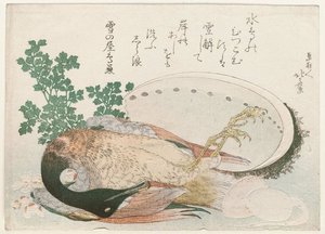 Dead Mallard, Abalone Shell, And Stew Ingredients — Katsushika Hokusai