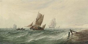 A Loaded Hay Barge And Other Shipping In Choppy Waters Off The White Cliffs Of Dover — Thomas Sewell Robins