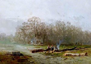 Misty Landscape With Woodcutters Around A Fire — Eugene Deshayes