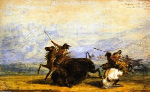 Crow Indians Attacking A Buffalo With The Lance Near The Sweet Water River — Alfred Jacob Miller