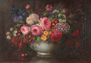 English Summer Flowers In A Stone Vase On A Table — David Paton