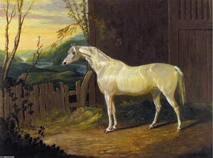 A Gray Arab Mare outside a Stable in an Extensive River Landscape