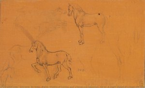 Recto: Studies Of Horses, And A Horse And Lanceman. Verso: A Slight Sketch Of A Head And Upper Body — Leonardo Da Vinci, Early Renaissance