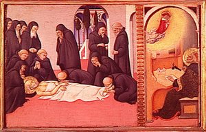 La Mort De Saint Jerome En Presence De Ses Disciples Il Apparait A L'eveque Saint Cyrille De Jerusalem — Ansano Di Pietro Di Mencio, Gothic