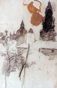Sketch Of Landscape With The Clock Tower Of The Cathedral Of Santiago — Ovidio Murguía De Castro