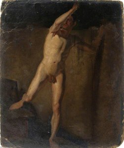 Standing Male Nude, Raised Right Arm, Right Foot Resting On Blocks — William Etty