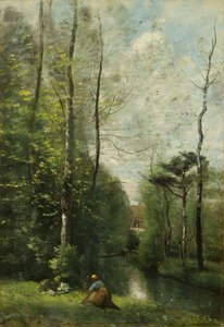 A Brook Beneath Trees With A House In The Distance — Jean-baptiste-camille Corot, Impressionistic Landscape