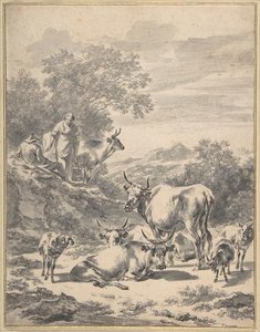 Herdsmen With Cattle And Sheep In Italianate Landscape — Nicolaes Pietersz Berchem