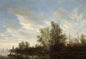 River Landscape With Figures In Boats And A Church In The Distance — Salomon Van Ruysdael