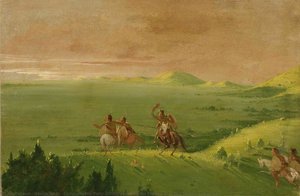 Comanche War Party, Chief Discovering The Enemy And Urging His Men At Sunrise — George Catlin