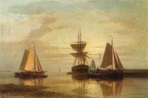 Moored Fishing Boats And A Clipper At Sunset — Abraham Hulk Senior