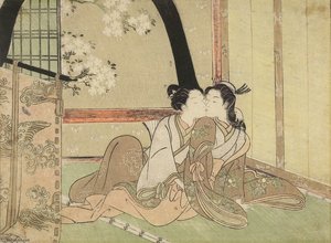 Women Embracing In A Green House — Suzuki Harunobu