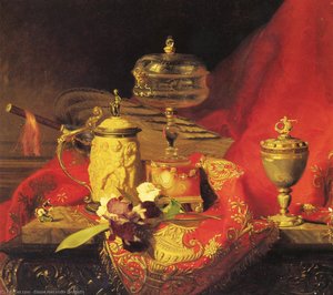 Still Life With Iris And Urns On A Red Tapestry