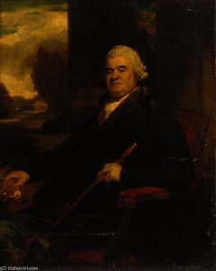 Portrait Of Sir Benjamin Truman, Seated Three-quarter-length, In A Dark Green Coat, Holding A Cane In His Left Hand, A Country House Beyond — George Romney