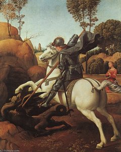 St. George Fighting The Dragon, - (28.5x21.5) — Raphael, High Renaissance