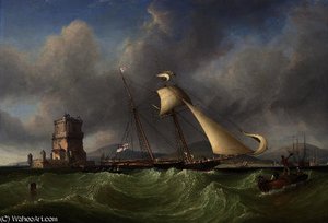 Lord belfast's yacht emily hove-to for her owner to come aboard, off the belem tower, at the mouth of the tagus, lisbon