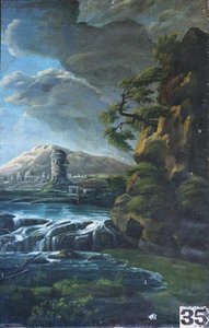 Paysage, Chute D'eau Dans Les Rochers — Babey Théodore