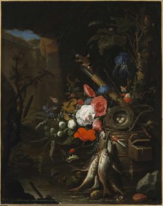 Still Life In A Grotto With Flowers, Fish And A Bird — Abraham Mignon