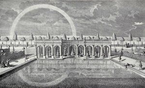 Prospect of grottoes with statues and water-cases seynd of which can be seen from above as an open gallery vorbemeldte fountains and cascades