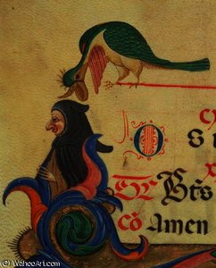 A fantastical bird perched above a cloaked figure, detail of decorated initial 'R' an