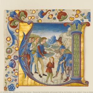 Manuscript Illumination With Joseph Sold By His Brothers In An Initial V, From An Antiphonary — Giovanni Pietro Da Cemmo