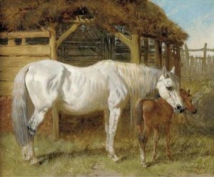 A Grey Mare And Chestnut Foal By A Stable — John Frederick Herring Senior
