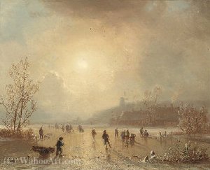 Skaters On A Lake At Dusk — Hendrik Pieter Koekkoek