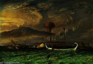 Volcano And Fishing Proas Near Passoeroean — Thomas Baines