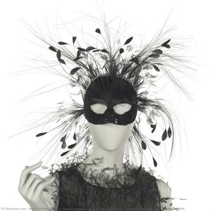 Mask And Three-part Headpiece Of Black Standing Feathers And Feather Shafts — Roy Halston Frowick
