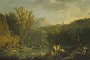 River Scene With Bathers — Claude-joseph Vernet, Romantic Landscape Painting