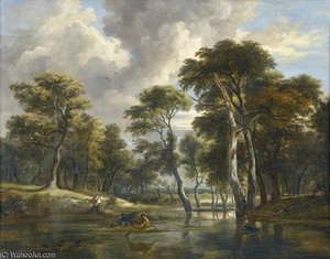 Jagdszene In Auenlandschaft — Robert Zund
