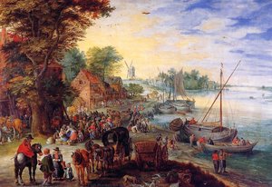 Fish Market On The Banks Of The River — Jan Brueghel The Elder, Flemish Baroque